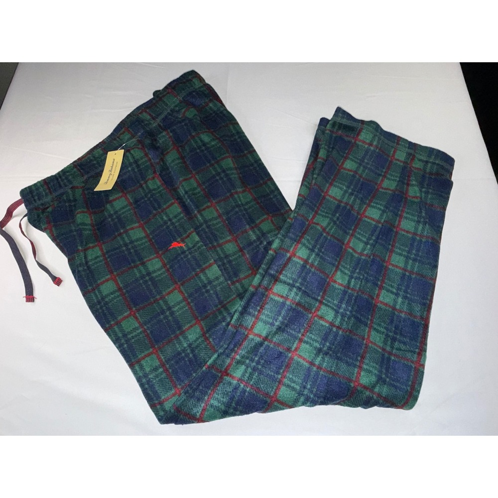 Tommy Bahama Mens Pajama Bottoms Navy Green Plaid Fleece Sleep Pants TB82298T L